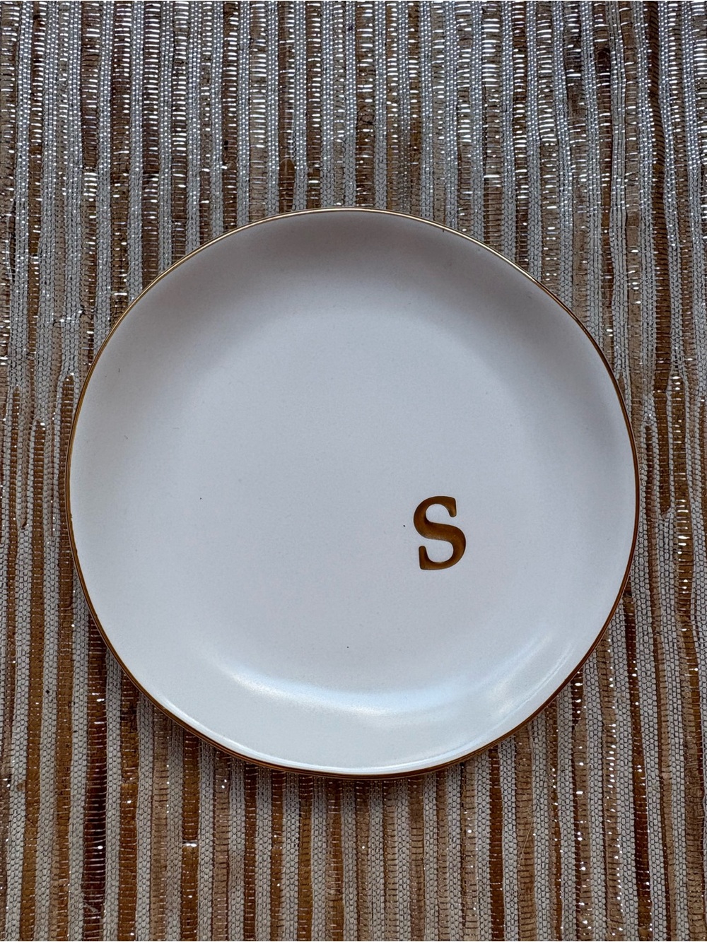 S Monogrammed Ceramic Dish with Gold Trim